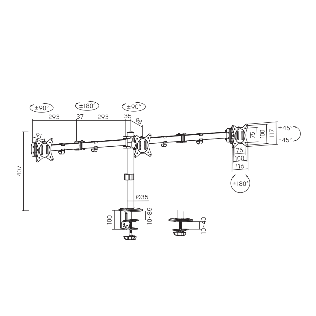 SBOX TABLE STAND FOR 3 MONITORS 17'-27' VESA 100x100 MAX